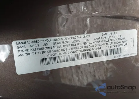 2011 Volkswagen Jetta 2.5L Se z USA, uszkodzony, nr VIN 3VWDZ7AJ9BM396594